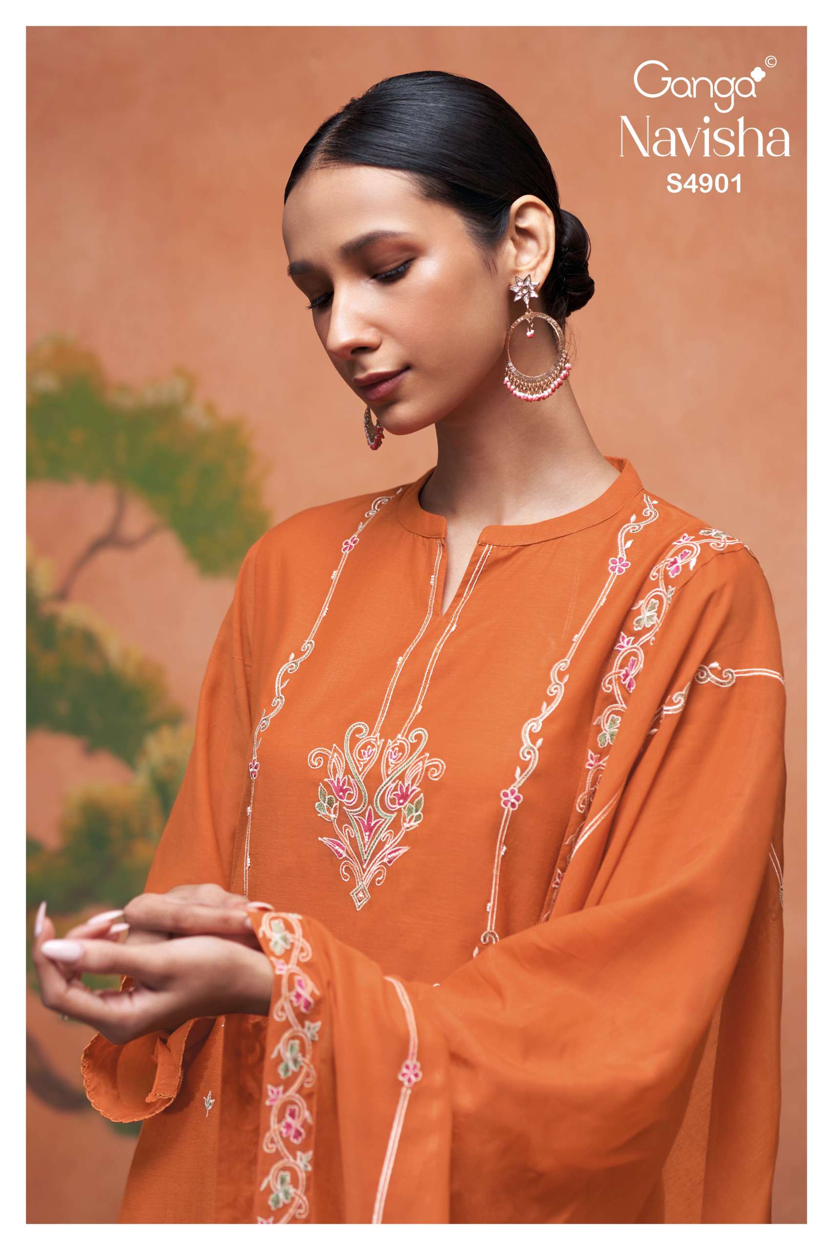 GANGA NAVISHA 4901 MUL SOLID COLOR CROCHET LACE ON DAMAN & SLEEVES SUIT LADIES EXPORT